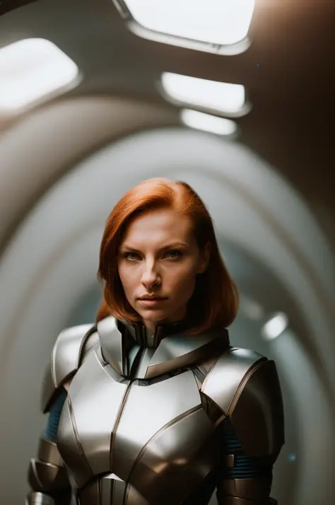 foto crua em estilo analógico de mulher com armadura de Mass Effect (dentro da nave espacial de ficção científica:1.2), pequenos detalhes, (metal pintado:1.5), metal de canhão, (imperfeições superficiais:1.5), Detalhe da pele, Detalhe dos lábios, (luz suave:1.6), (luz neutra:1), luz branca, (Luz interior:1.5), foco nitído, cabelo castanho, (olhos azuis:1),