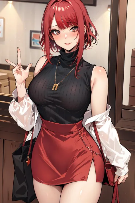 chef-d&#39;œuvre, Meilleure qualité, pixiv, tir de cow-boy, cheveux roux,
1fille, seins, rougir, Sans manches,bijoux, regarder le spectateur, jupe, collier, seulement, sac, Pull-over, col roulé, Sans manches col roulé, veste, Sans manches Pull-over, long jupe, Cheveux moyens, handsac
