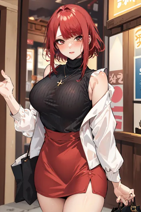 masterpiece, best quality, PIXIV, cowboy shot, red hair,
1girl, breasts, blush, sleeveless,jewelry, looking at viewer, skirt, necklace, solo, bag, sweater, turtleneck, sleeveless turtleneck, jacket, sleeveless sweater, long skirt, medium hair, handbag
<lor...