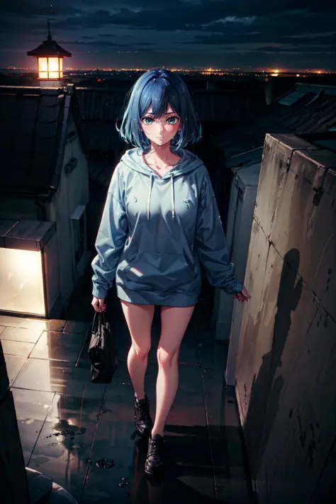 (( full body shot,beautiful detailed eyes, detailed face, water drop, rain, 
professional model pose ,casual hoodie, 1girl, solo, akane,short blue hair, small breasts, light blue hair, bright blue eyes, night rooftop, looking at viewer,  sad expressions, 
...