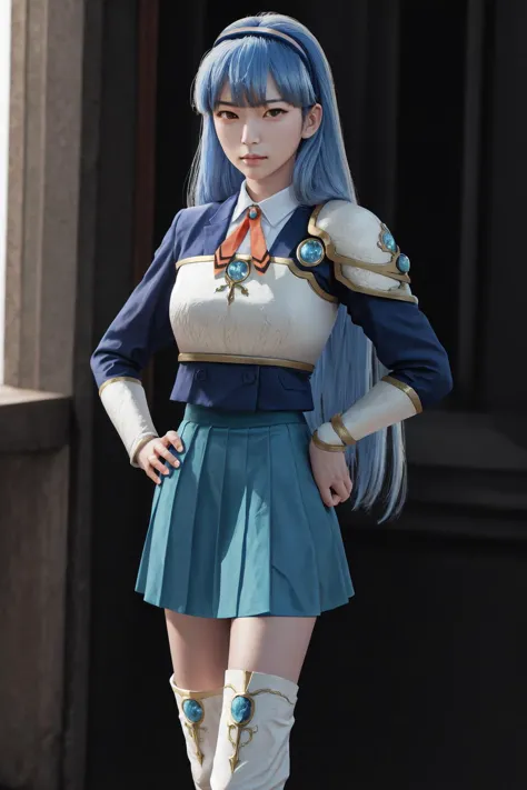 masterpiece, best quality, highres, 1girl umi ryuuzaki hairband, armor shoulder armor blue skirt, knee boots <lora:umi_ryuuzaki_...