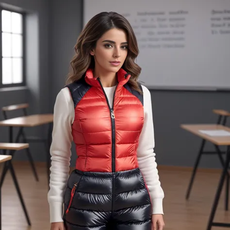 a woman in a red and black vest standing in a classroom