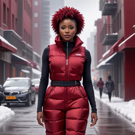 woman in red puffy vest and black pants walking down a snowy street