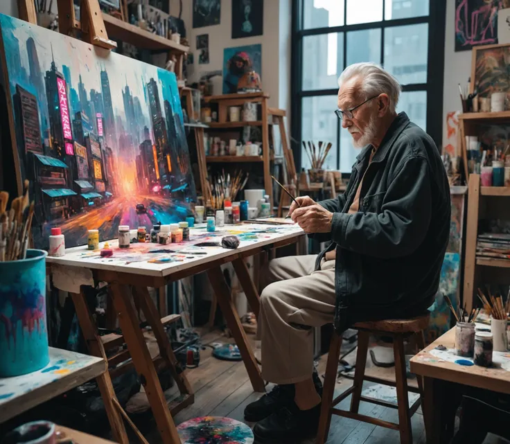 painting of a man sitting at a table in front of a painting