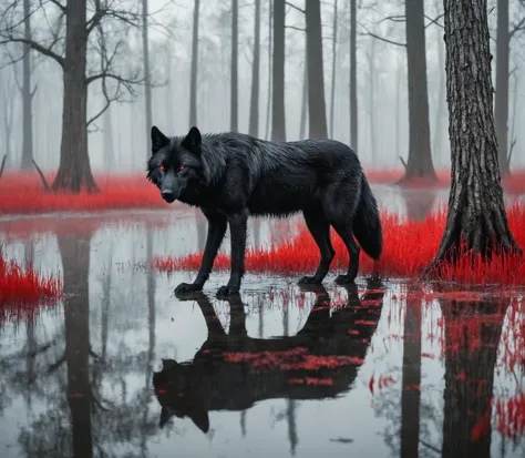 photo, portrait of a black wolf with red eyes, swamp, fog, refecting puddles, awardwinning