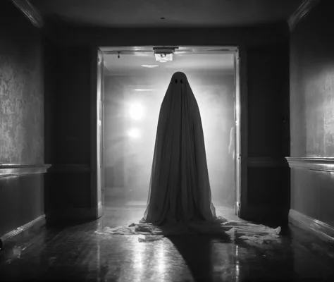 a black and white photo of a ghostly woman in a long dress