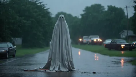 arafed ghost standing on a wet road in the rain