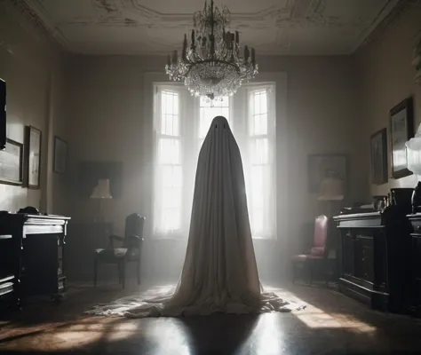 a close up of a person in a white dress standing in a room