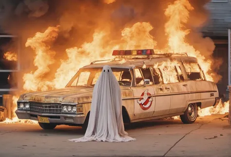 a close up of a ghostbus in front of a burning building