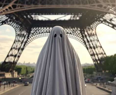 sheetghost person hanging over the top of the Eiffel Tower. <lora:2023-08-27 - SDXL Merge - Sheetghost merge then back to base :1>