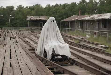 arafed ghost sitting on a train track with a sheet covering it