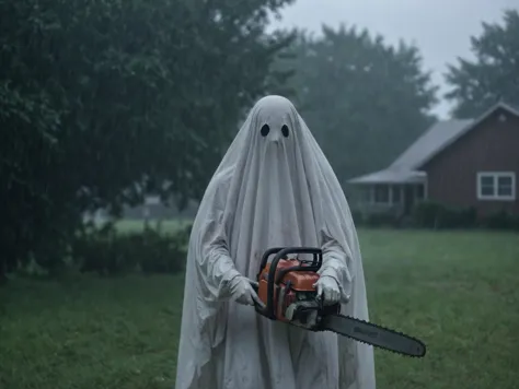 sheetghost person (holding a chainsaw in a heavy rainstorm :1.7) , dangerous and spooky. Horror film style. . . <lora:SheetGhost SDXL LoRA - Trigger with Sheetghost Person:1>