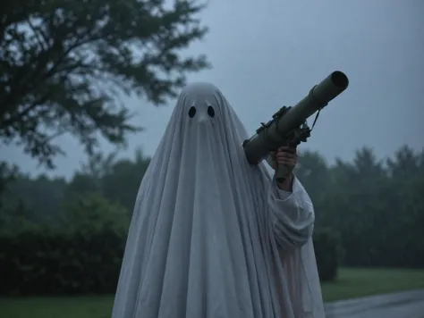 a close up of a person in a ghost costume holding a gun