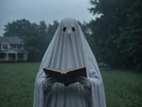 sheetghost person (holding a haunted book, in a heavy rainstorm :1.7) , dangerous and spooky. Horror film style. . . <lora:SheetGhost SDXL LoRA - Trigger with Sheetghost Person:1>