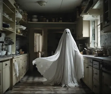 arafed ghost in a kitchen with a long white sheet