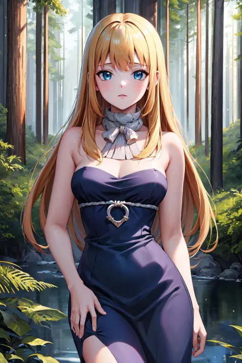 ((best quality, high quality, masterpiece, highres)), ruri, 1girl, solo, blue dress, dress, strapless, bare shoulders, cowboy shot, (forest:1.2), looking at viewer, 