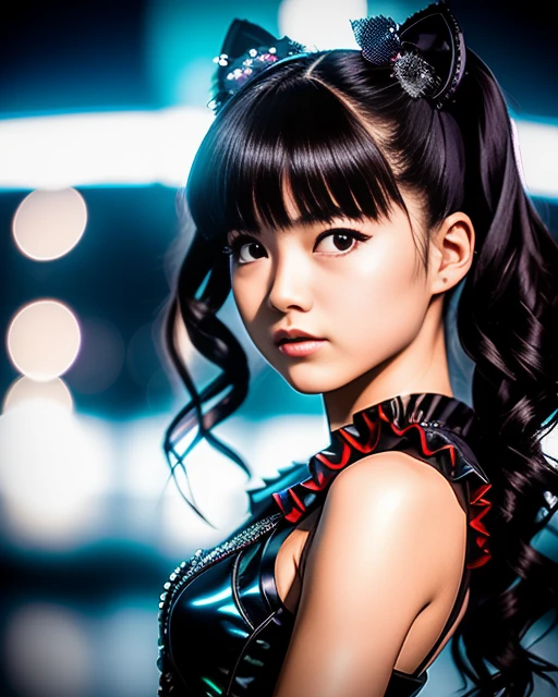 RAW photo, hyper real photo of japanese girl yuimetal with twintails hair in black dress with iridescent sequined outfit that glimmers in the light reflections, futuristic gothic style, black lether and steel studs, a music album cover, space galaxy in background, metal rock music concert, heavy metal style, pixiv contest winner, precisionism, official art, high resolution, uhd image, best quality masterpiece, photorealistic, detailed, 8k, HDR, shallow depth of field, broad light, high contrast, dark background with ancient temple, old stone statues of fox god, backlighting, bloom, light sparkles, chromatic aberration, sharp focus, RAW color photo, film still, Film-like, bokeh, 3d, cinematic lighting, 8k resolution, Nikon 85mm, Award Winning, Glamour Photograph, extremely detailed, high quality, film grain  