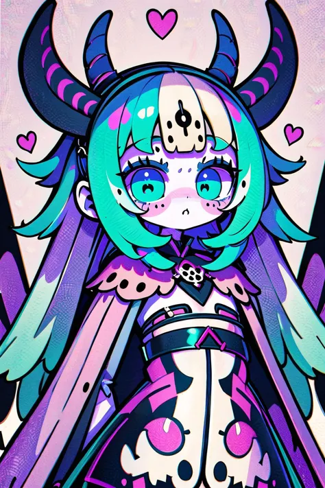 demonic kawaii style, pastel goth, multicolored hair, (masterpiece, best_quality, ultra-detailed, immaculate:1.3), epic, illustr...