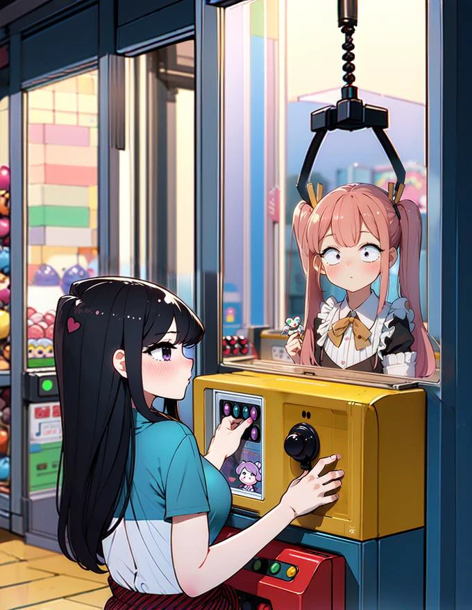 (((masterpiece))), (((best quality))), ((claw machine)), hands on bottom panel, control long joystick and press button, using clamp to pull the toy up, 1girl, komishouko, shy, blush, , claw machine,  rear view,