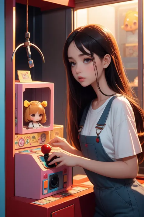 a woman in overalls plays a video game with a teddy bear