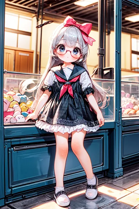 <lora:jyoji fuku v6:0.45>, ((jyojifuku, dress, frills, ribbon, hair bow)):1.24, 
BREAK 1woman, adorable, clear face, solo, ((full body)):1.33, ((a woman wear a clear glasses, detailed glasses)):1.2, 
BREAK perfect(anatomy,body,face,hand,leg,foot,fingers), ((multicolor sliver gray hairs, very long hairs):1.23, cleavage), 
BREAK soft light, light on face, cinematic lighting, dynamic(angle, elegant posture), detailed(shadow, lightning), 
BREAK beautiful detailed woman, glossy pink lips, ((milky skin, shiny skin)), makeup, blush,eyeliner, eyeshadow, eyelashes, textured skin, collarbone, perfect skin, 
BREAK <lora:more_details:0.73>, extremely detailed, CG, finely detail, (masterpiece, best quality):2.0, (intricate details, depth of field), 
<lora:girl like claw machine v2:0.75>, (claw machine, claw is clamping a doll box up, hand on bottom panel, control joystick and press button with hand):1.2,