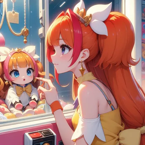 anime girl looking in a mirror at herself in a candy shop