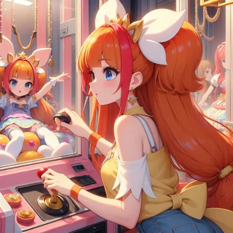 (masterpiece, best quality, detailed:1.5), 1girl from side, bend over while control long joystick and press button, (claw machine:1.2)  <lora:girllikeclawmachine:0.8>, cure twinkle <lyco:locon_cure_twinkle_01:1.0>, laugh