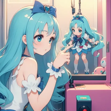 anime girl with blue hair and blue dress looking in mirror