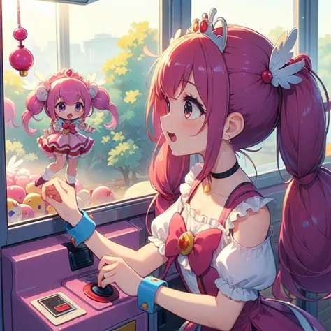 anime girl in a pink dress playing a video game