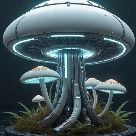 scifi, glowing, neotech, mechanical mushroom planted  , hyper detailed