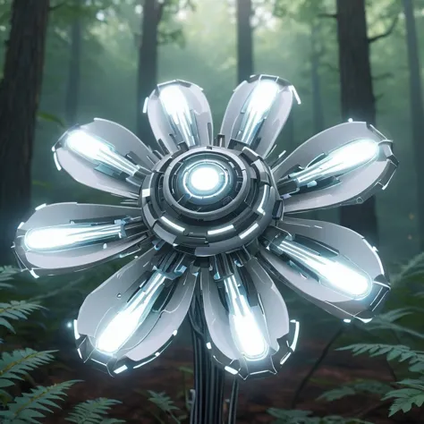 scifi, glowing, neotech, mechanical flower, in the forest, blurry_background, , hyper detailed
