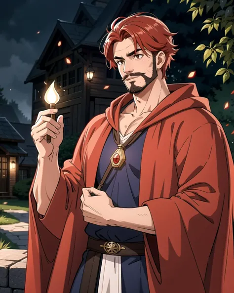 a man in a red robe holding a lit candle in his hand