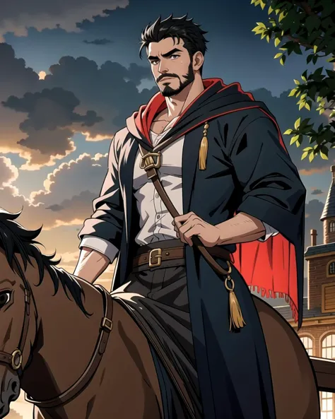 a close up of a man riding a horse with a red cape