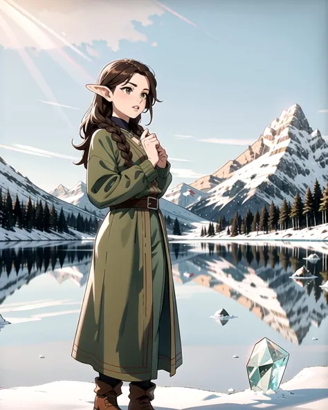 a woman in a green coat standing in front of a lake