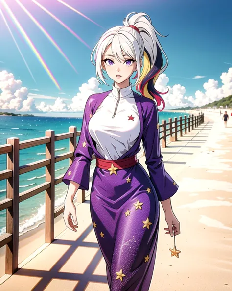 a woman in a purple dress walking on a beach next to the ocean