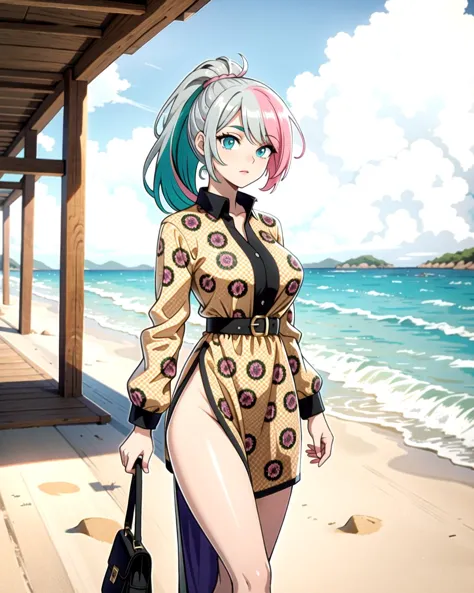 anime girl in a dress walking on a beach near the ocean