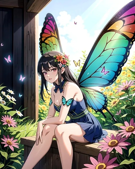 anime girl with butterfly wings sitting on a ledge in a garden