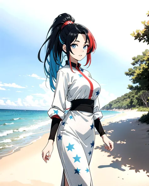 anime girl walking on the beach with a blue and red hair