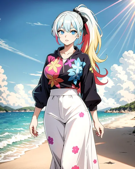 anime girl walking on the beach with a flowered top