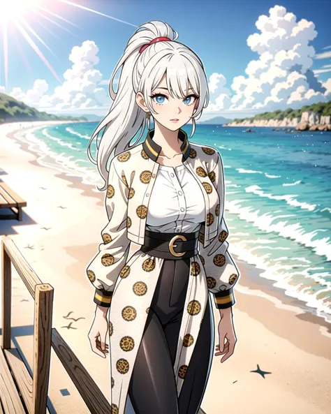 anime girl standing on a beach with a beautiful ocean in the background