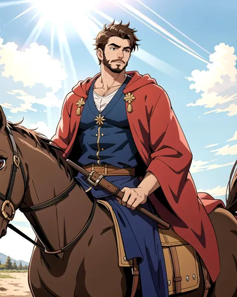 anime image of a man in a red cape riding a horse