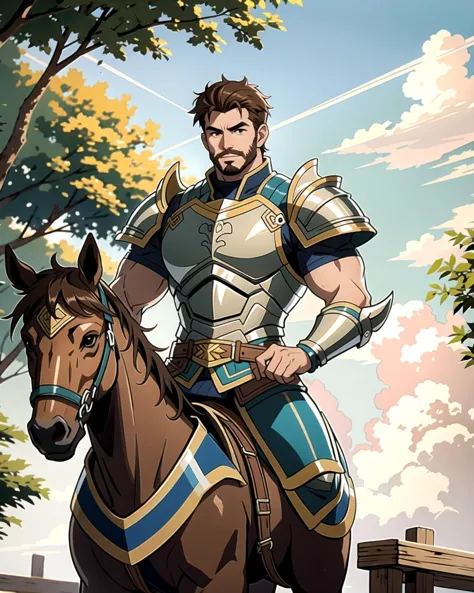 a close up of a man on a horse with a sword