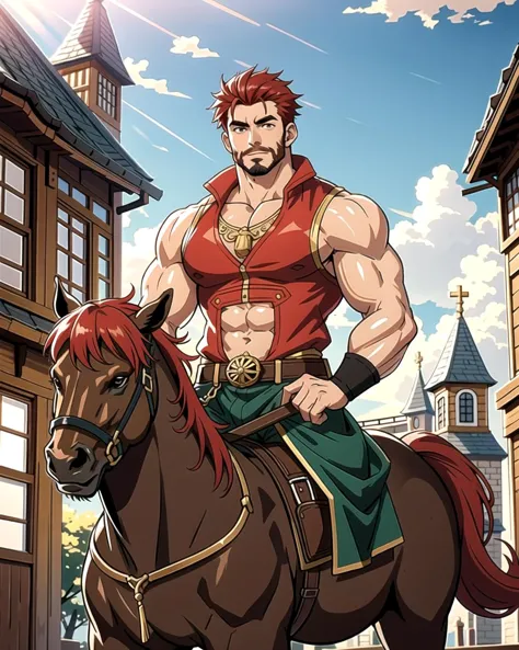 a cartoon of a man riding a horse in front of a building