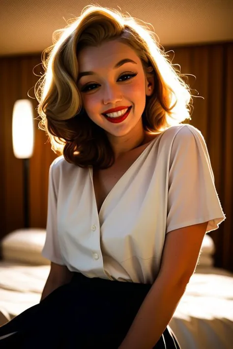 color photo of (marilmor_TI:0.99) Marilyn Monroe, (red lips, dark eyeliner, blush), smile, lips slightly parted, long curly blonde hair, wearing a blouse and skirt, full figured, curvy, large bosom, small waist, wide hips, thick thighs,
volumetric lighting, in a room, basic background, eye level, rule of thirds composition, Fuji X-T4, 50mm prime lens, Fujifilm color, film grain