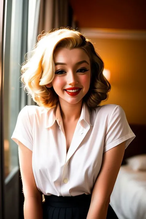 color photo of (marilmor_TI:0.99) Marilyn Monroe, (red lips, dark eyeliner, blush), smile, lips slightly parted, long curly blonde hair, wearing a blouse and skirt, full figured, curvy, large bosom, small waist, wide hips, thick thighs,
volumetric lighting, in a room, basic background, eye level, rule of thirds composition, Fuji X-T4, 50mm prime lens, Fujifilm color, film grain