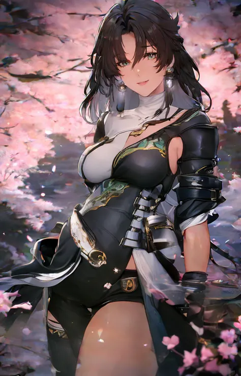 anime girl with sword and armor in a cherry blossom field