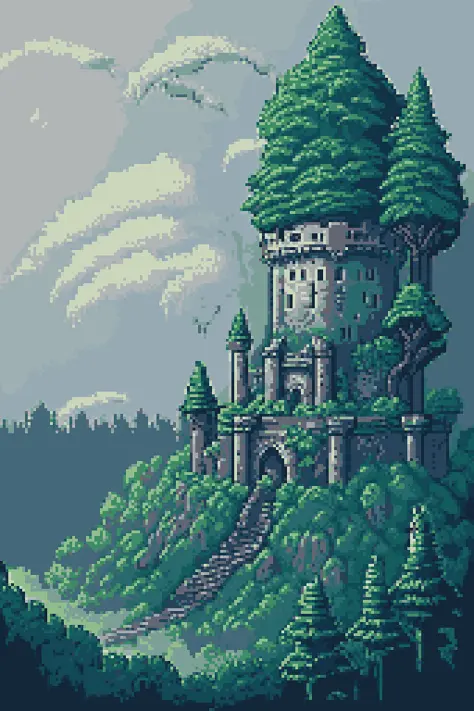 <lora:pixhell15Lora_v10:1>, pixelart, castle, forest, trees, ruins, fog