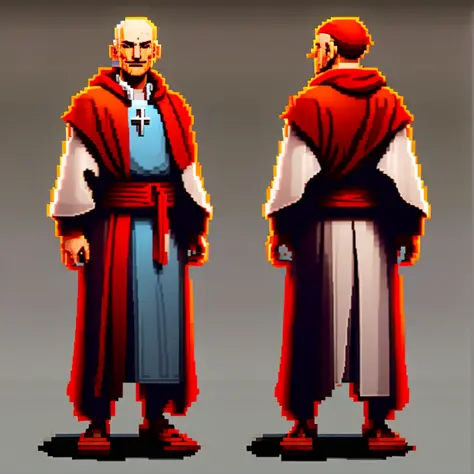 pixelart priest with a red robe, <lora:pixhell:1>