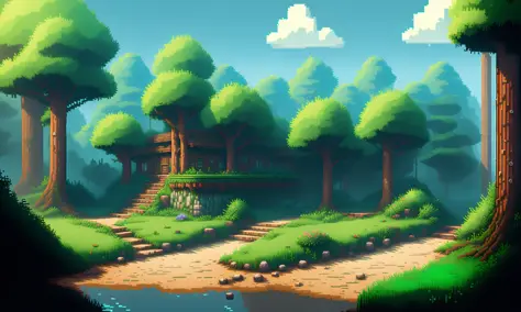 pixelart video game environment,forest withwaterfalls and trees everywhere,   <lora:pixhell:1>, pixelart style