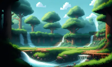 pixelart video game environment ,forest with waterfalls and trees everywhere,   <lora:pixhell:1>, pixelart style
